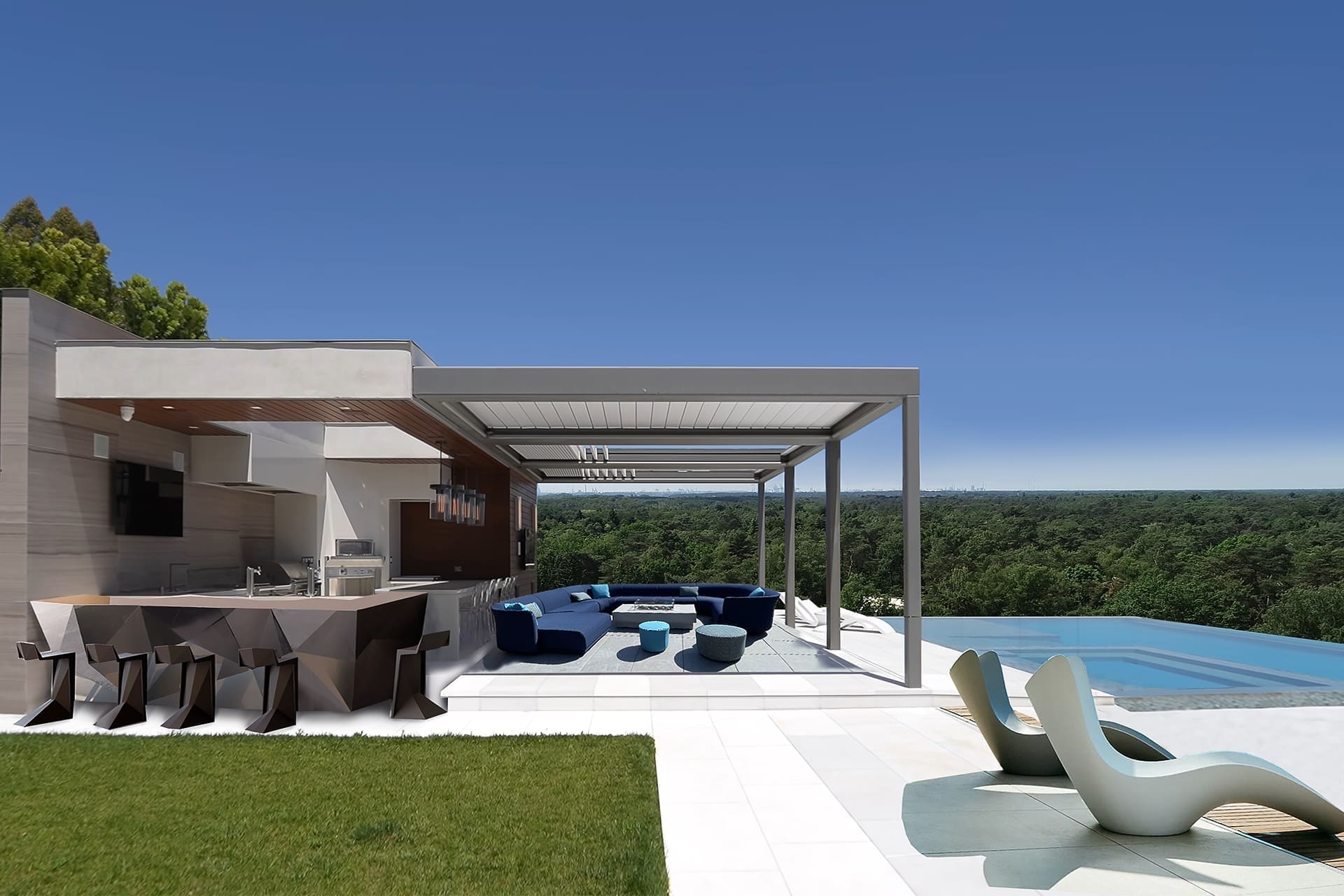 Außenterrasse mit Außenküche, hohem Tisch, Lamellenpergola, Loungesofa, Liegen und einem Schwimmbad