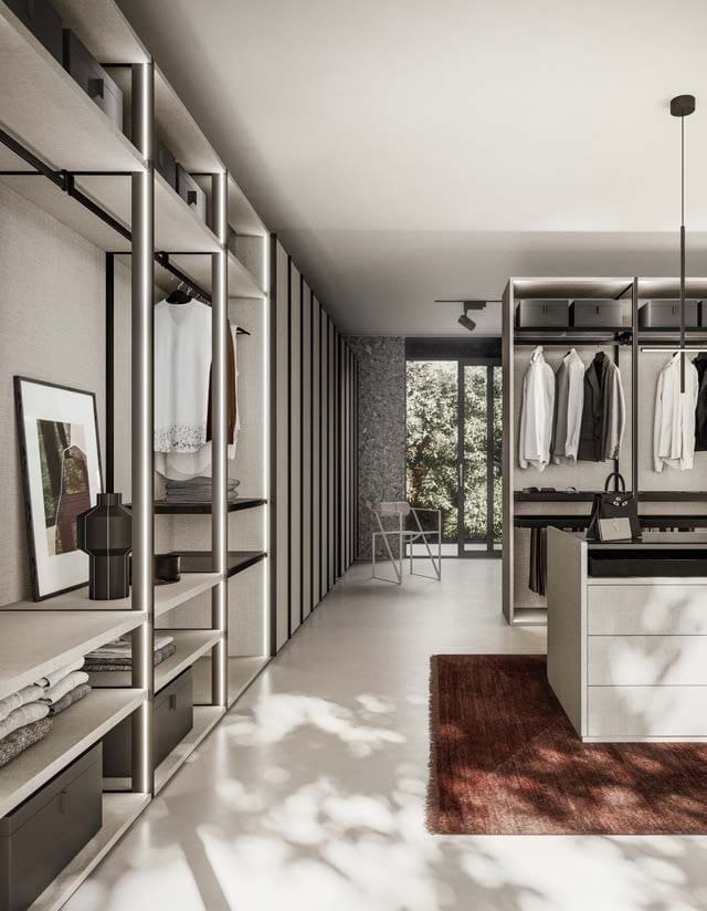 Elegante dressing met open opbergvakken en strakke afwerking