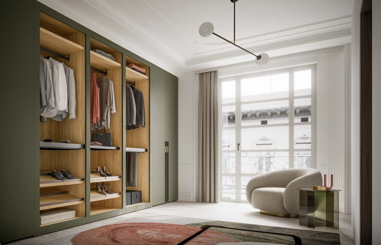 Moderne inloopdressing met geïntegreerde verlichting en accessoires