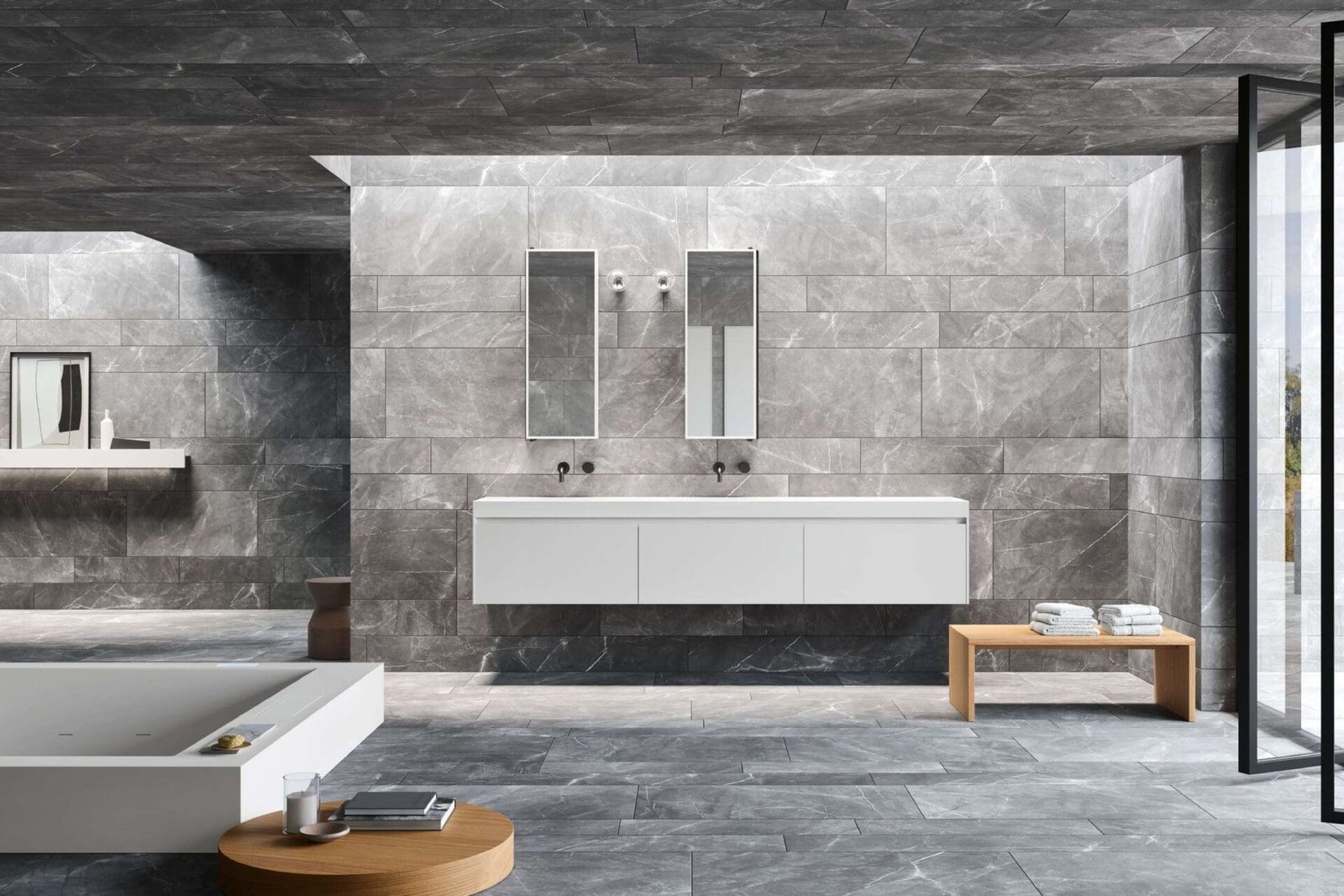 Badkamer met luxe marmeren vloer en wandbekleding