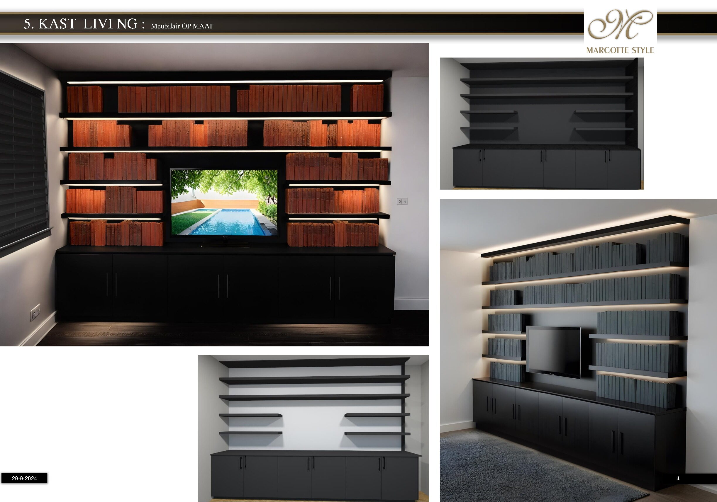 Fotorealistisch 3D-ontwerp van de tv-kast met boekenwand, gemaakt voor de uitvoering