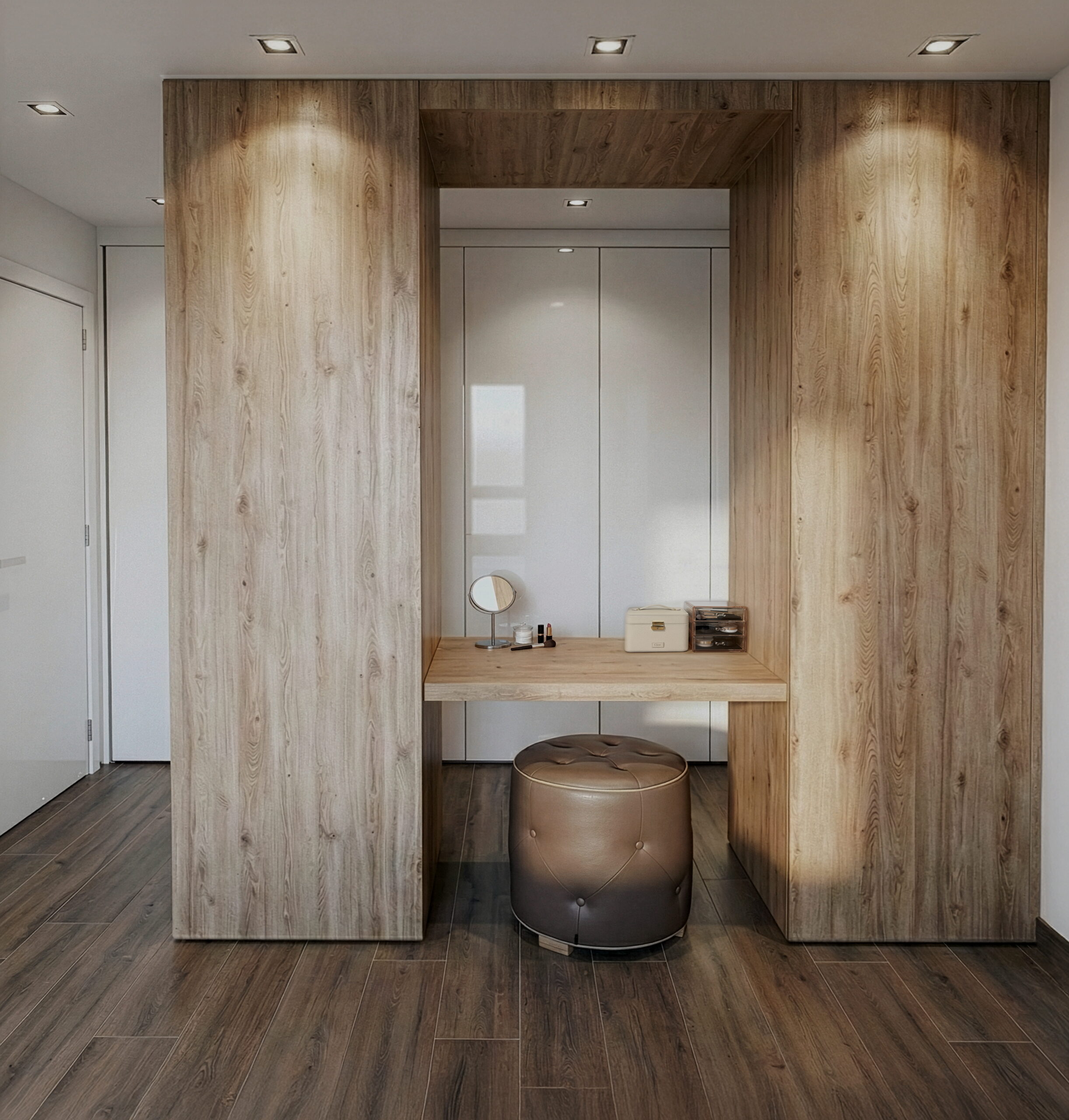 Makeuptafel op maat in een nis in eiken decor met een poef in leder