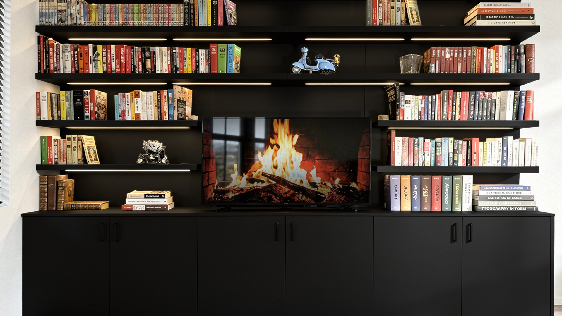 Tv-wand op maat in Schoten: zwarte kast met boekenplanken en ledverlichting over de volle wandbreedte