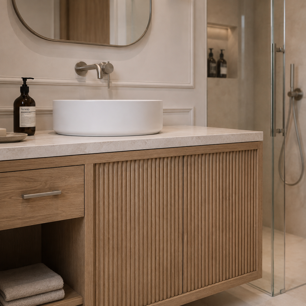 Kleine badkamer met een geribd eiken meubel, ronde opzetkom en een open vak voor handdoeken