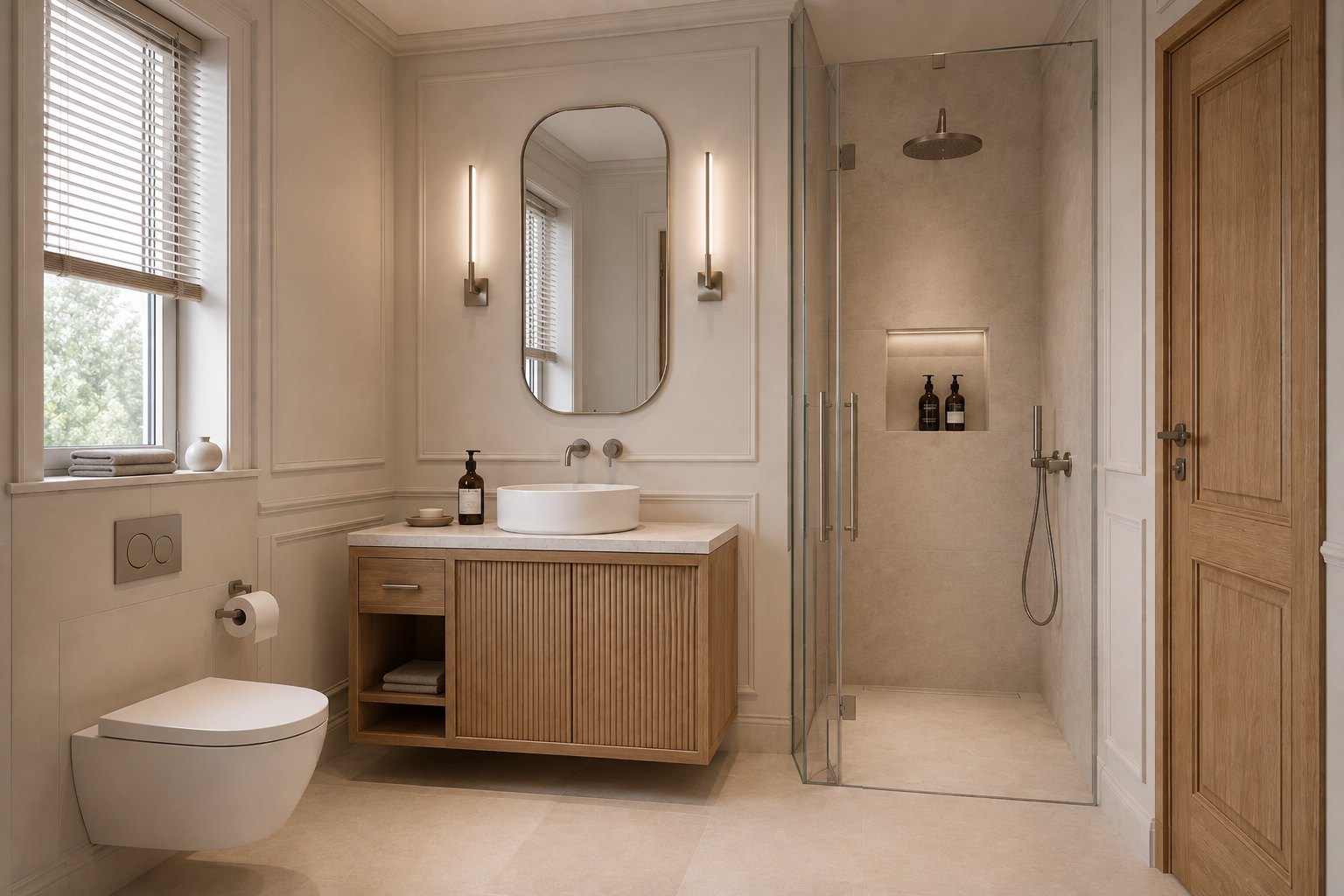 Kleine badkamer met eiken meubel, spiegel, toilet en inloopdouche
