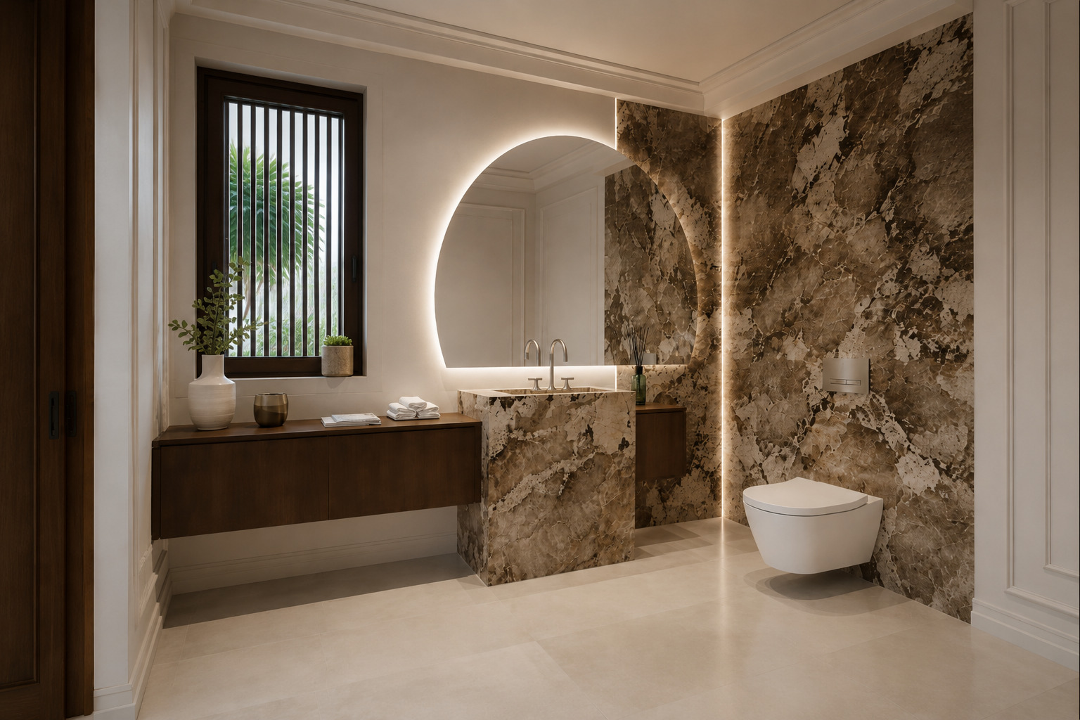 Badkamer in Gent met een marmeren wand van vloer tot plafond, een zwevend toilet, het marmeren wastafelblok en het zwevende meubel in donker hout