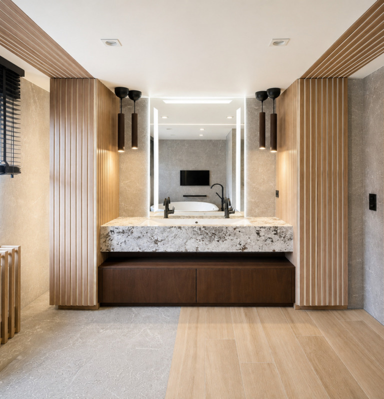 Ontwerpbeeld van de badkamer in Westerlo met de wastafelwand tussen twee wanden in eiken latten