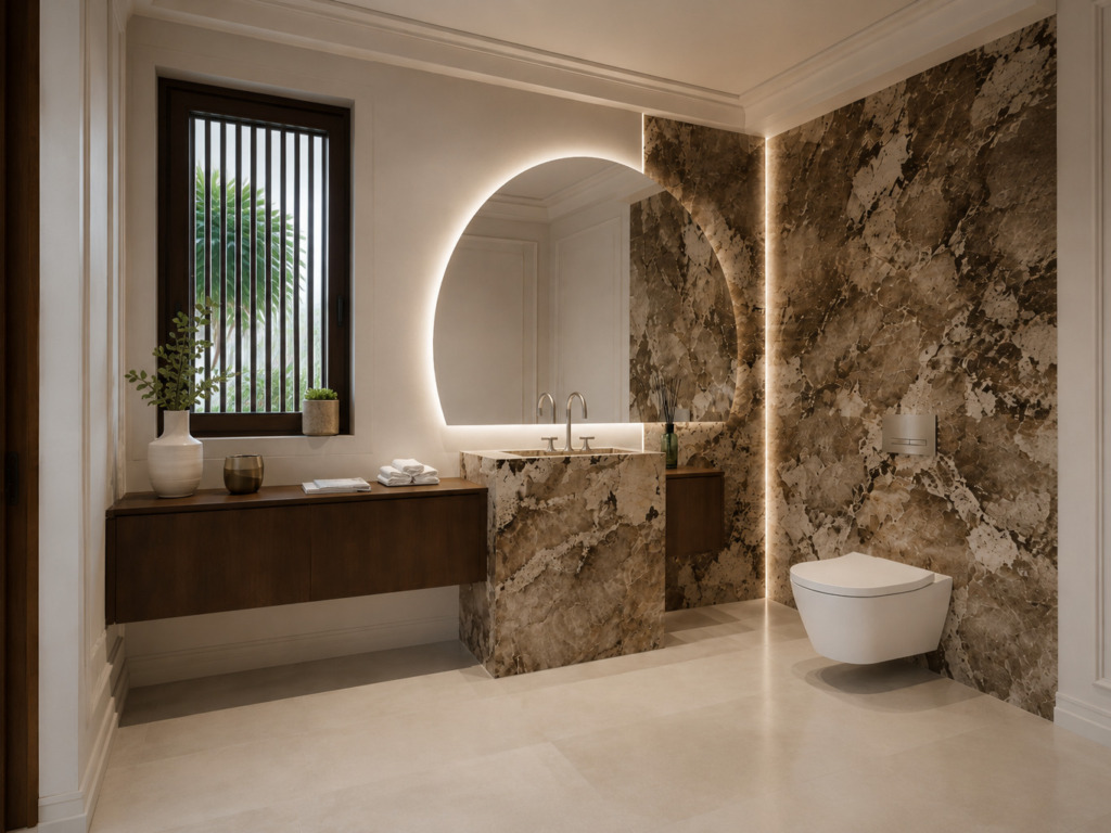 Badkamer in Gent met een marmeren wastafelblok, een zwevend meubel in donker hout en een marmeren wand achter het zwevende toilet