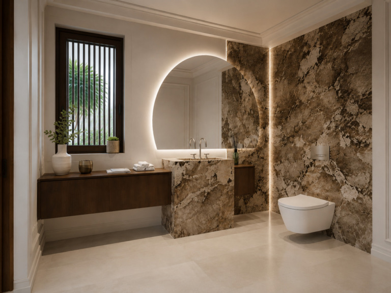 Badkamer in Gent met een marmeren wastafelblok, een zwevend meubel in donker hout en een marmeren wand achter het zwevende toilet