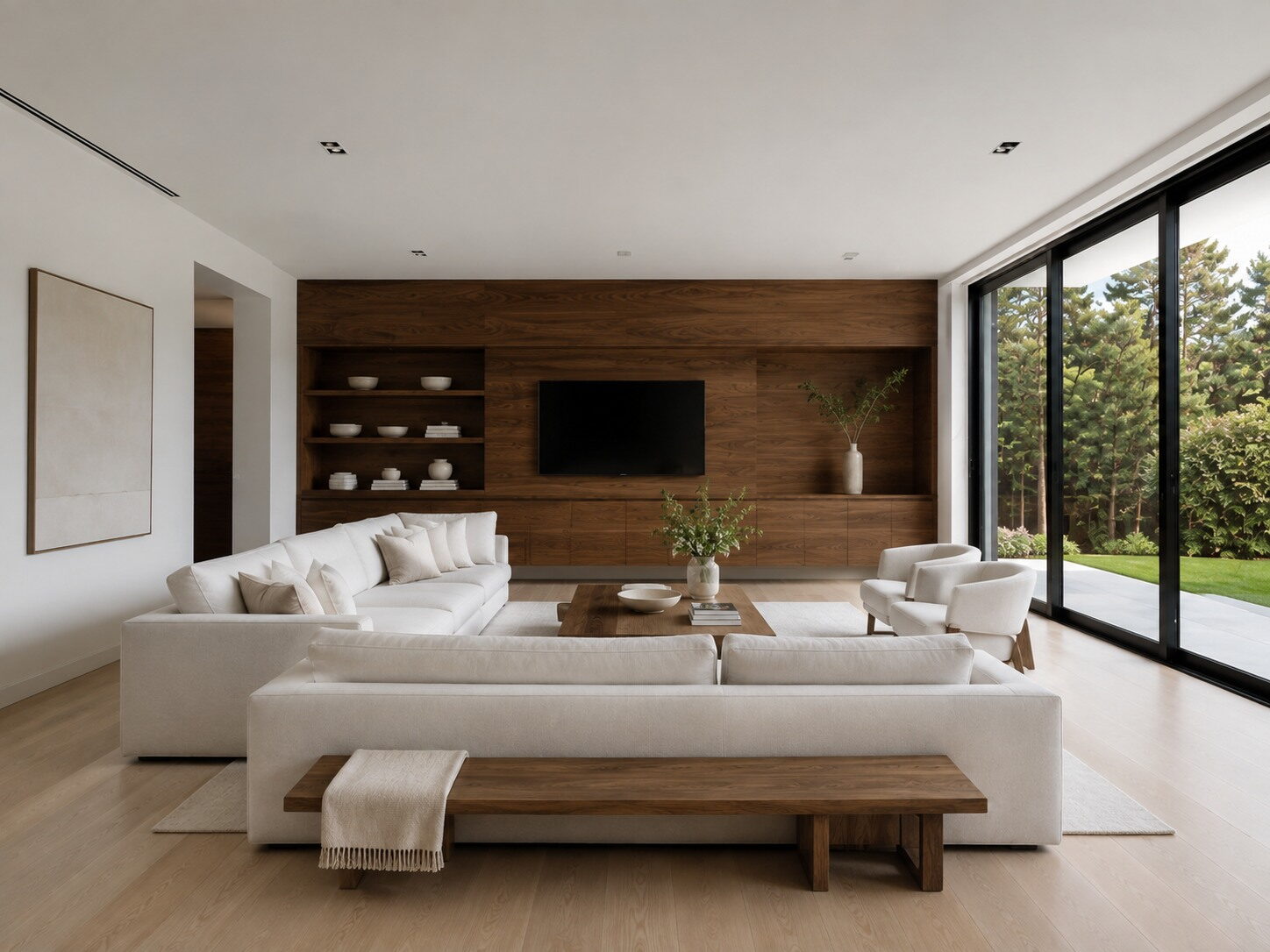 Living met een houten wand met open nissen en televisie, tegenover een lichte hoekbank
