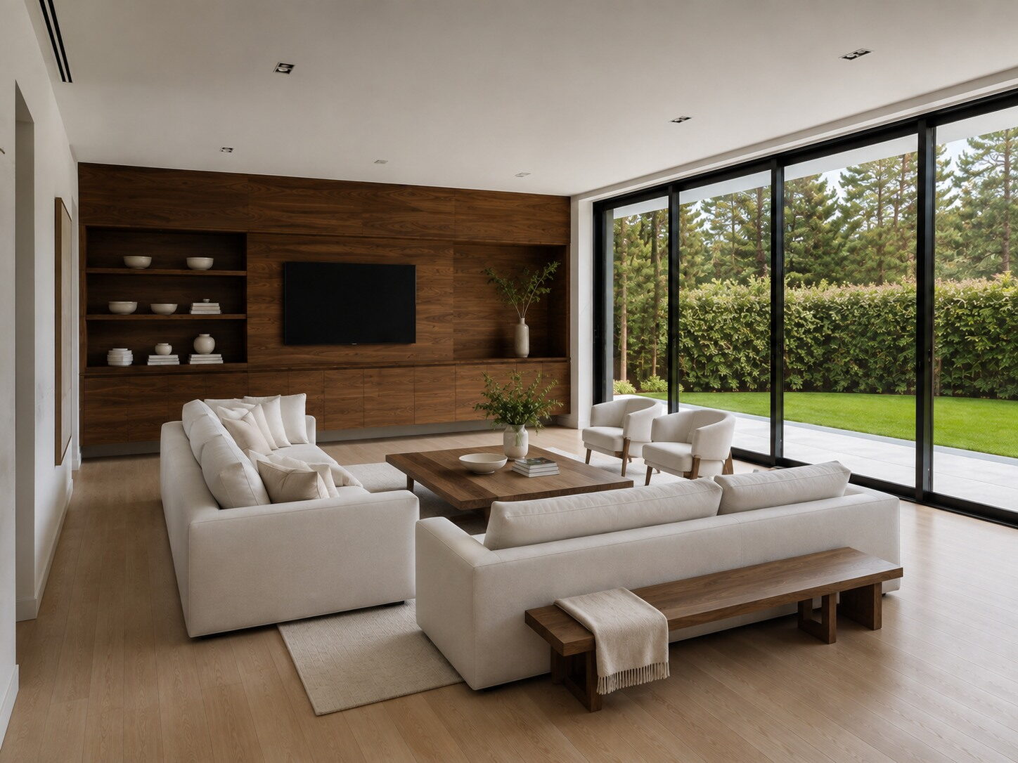 Living met open rekken in de houten wand en zicht op de tuin