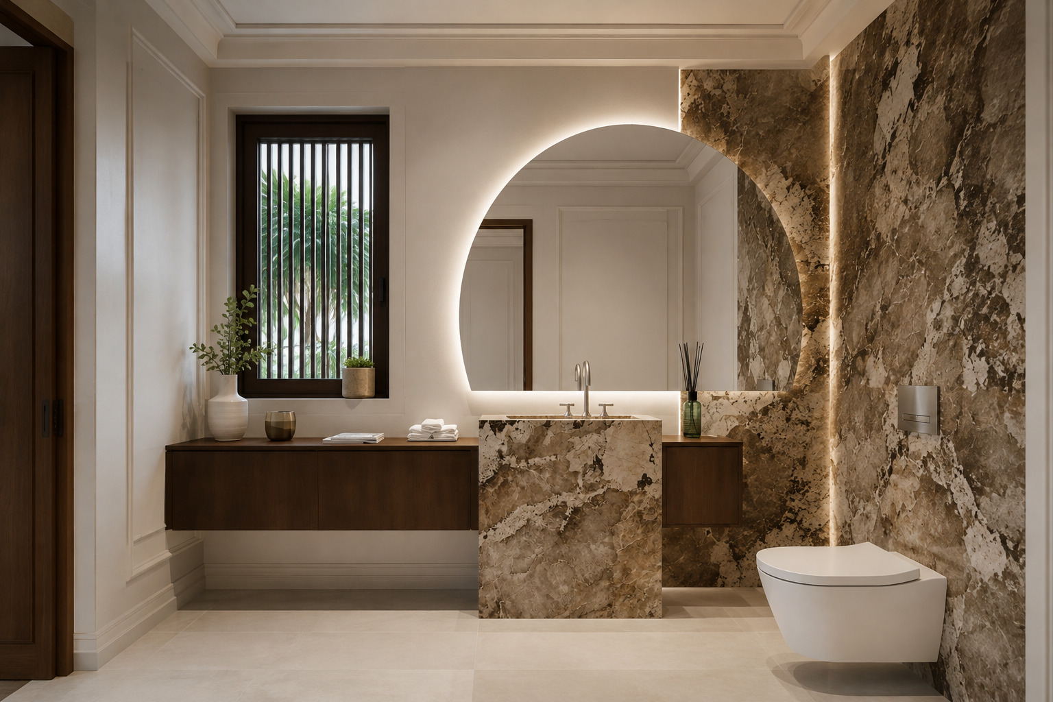 Moderne badkamer in Gent met marmeren wandbekleding, een verlichte ronde spiegel, een zwevend meubel in donker hout en een zwevend toilet