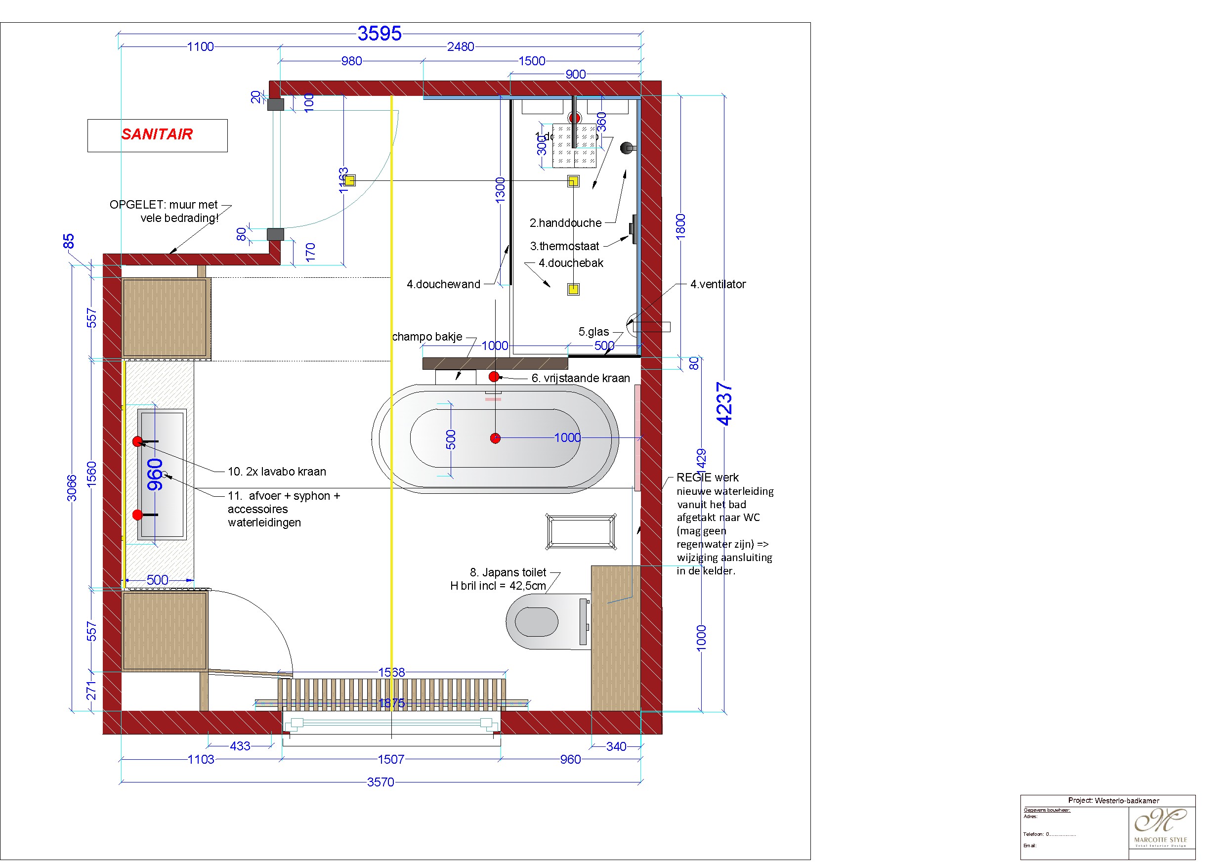 Sanitairplan met elk punt genummerd