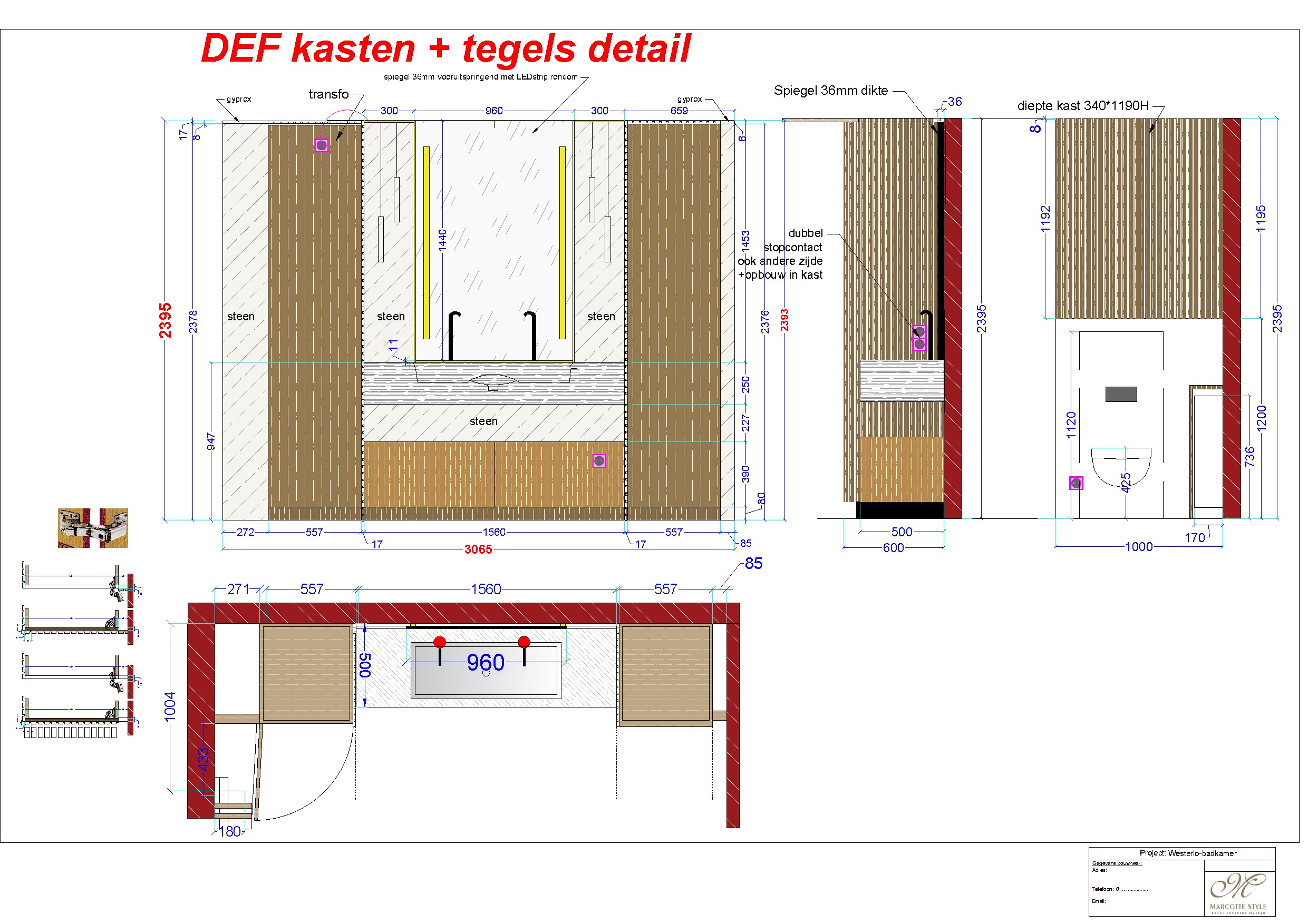 Detail van de wastafelwand op ware grootte