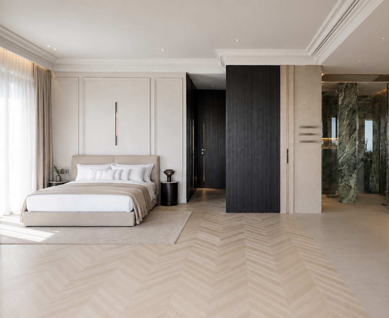Moderne slaapkamer in Bonn met visgraatparket, witte wandpanelen en een doorkijk naar de badkamer in groen marmer