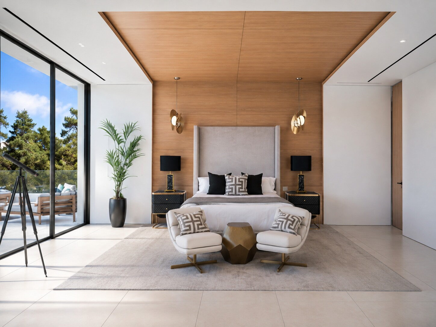 Slaapkamer met een houten wand achter het bed en twee wandlampen