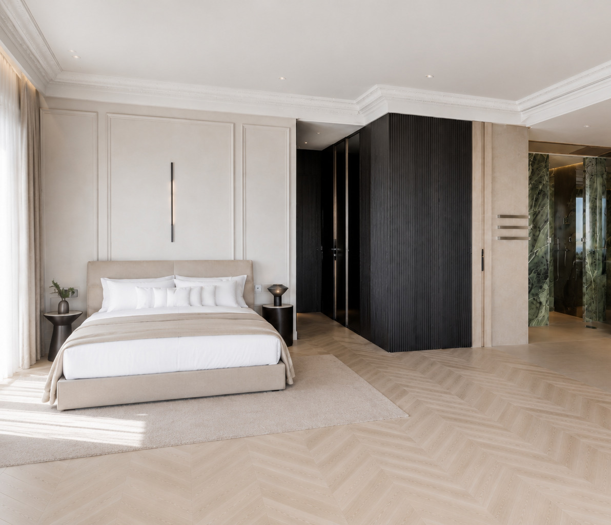 Slaapkamer in Bonn met een gestoffeerd bed, visgraatparket en een zwarte geribde wand naast de doorgang