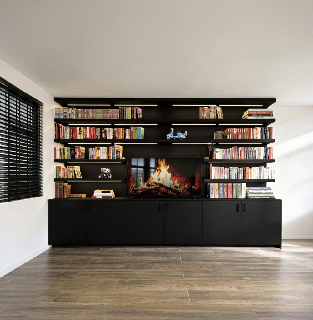 Tv-kast op maat met boekenwand in mat zwart, vooraanzicht, Schoten