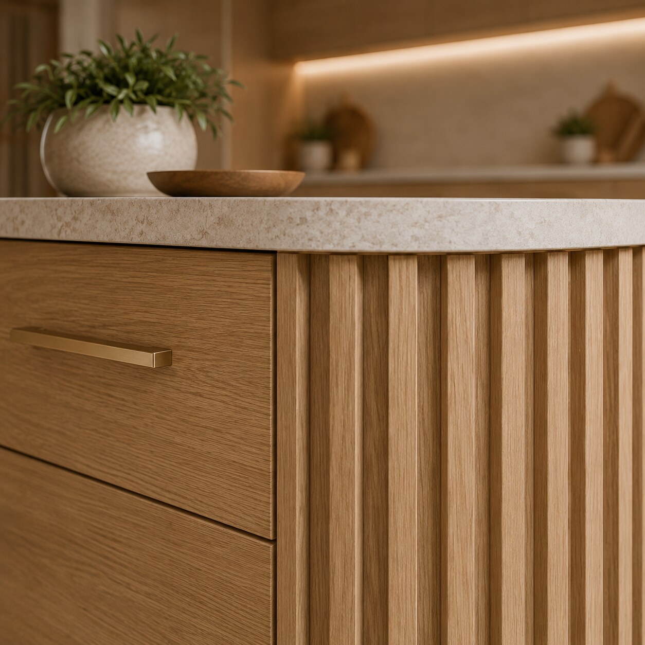 Detail of a fluted oak island with a brass handle and a natural stone worktop
