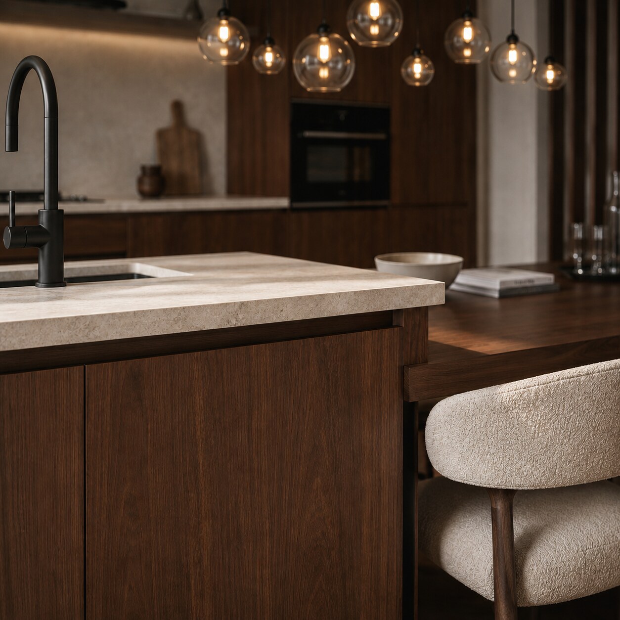 Detail of a walnut island with a thick natural stone worktop and a black tap