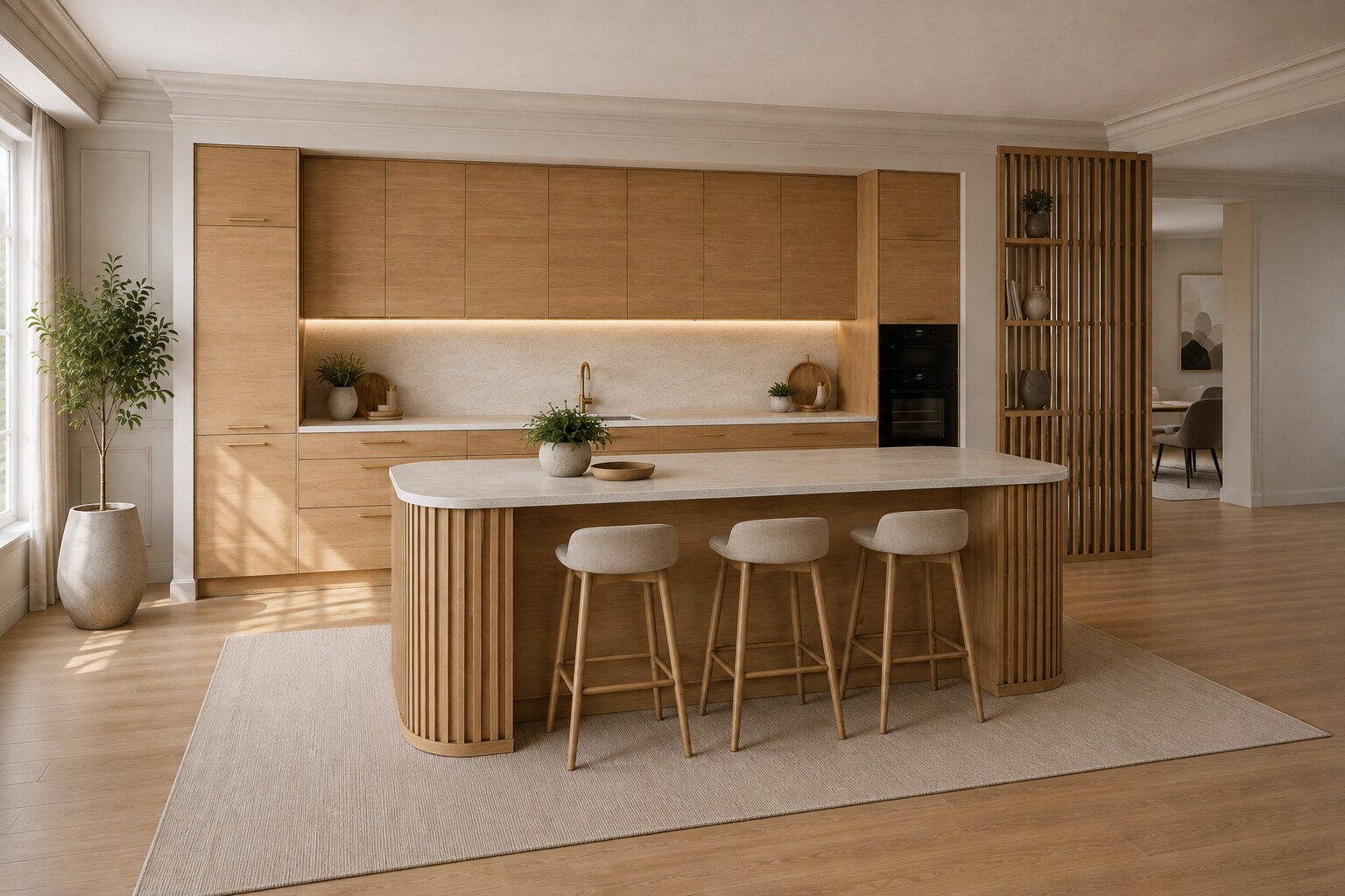 Oak kitchen with a fluted island, brass handles and a slatted screen towards the dining room