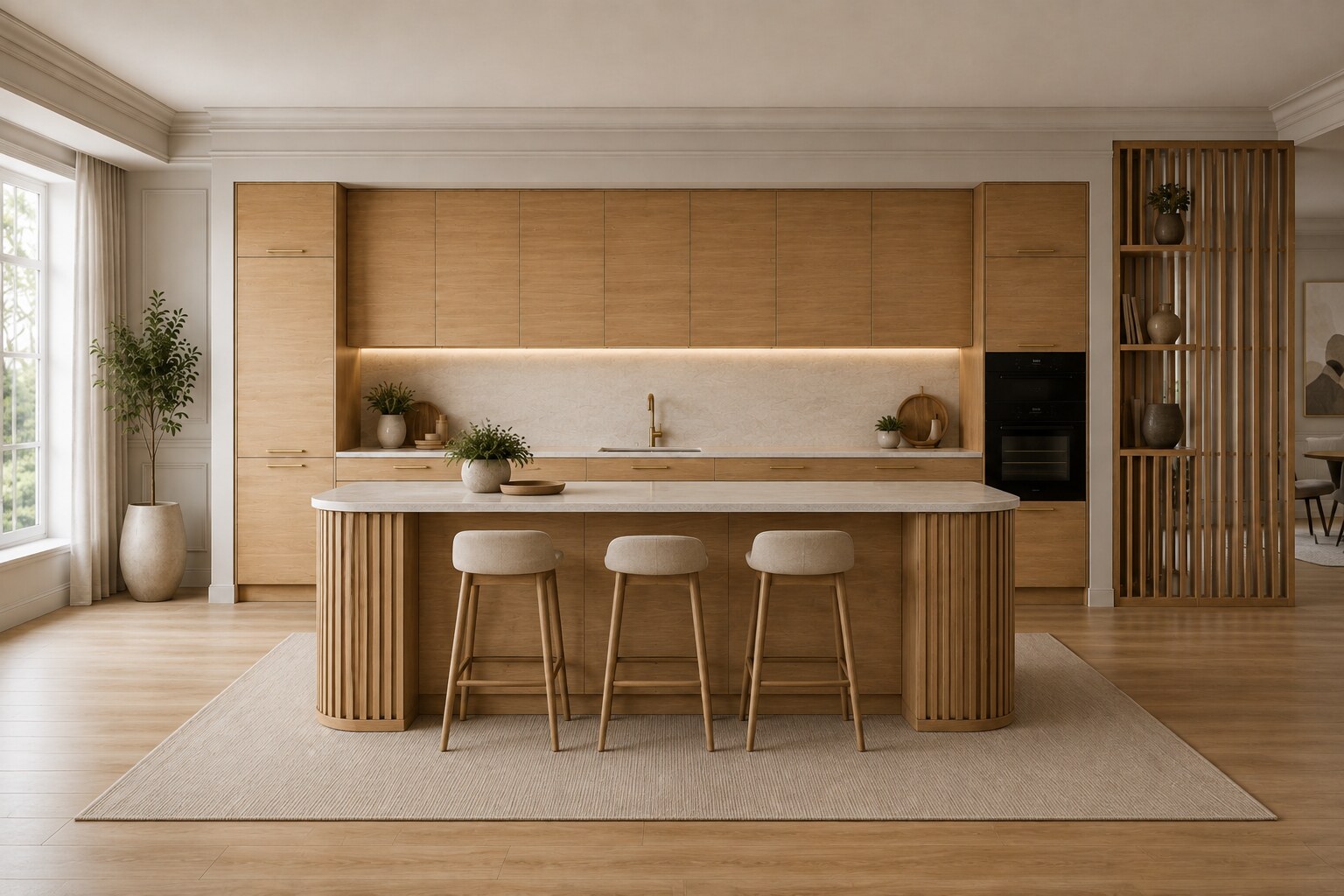 Kitchen in pale oak with flat fronts and a fluted island with a rounded end