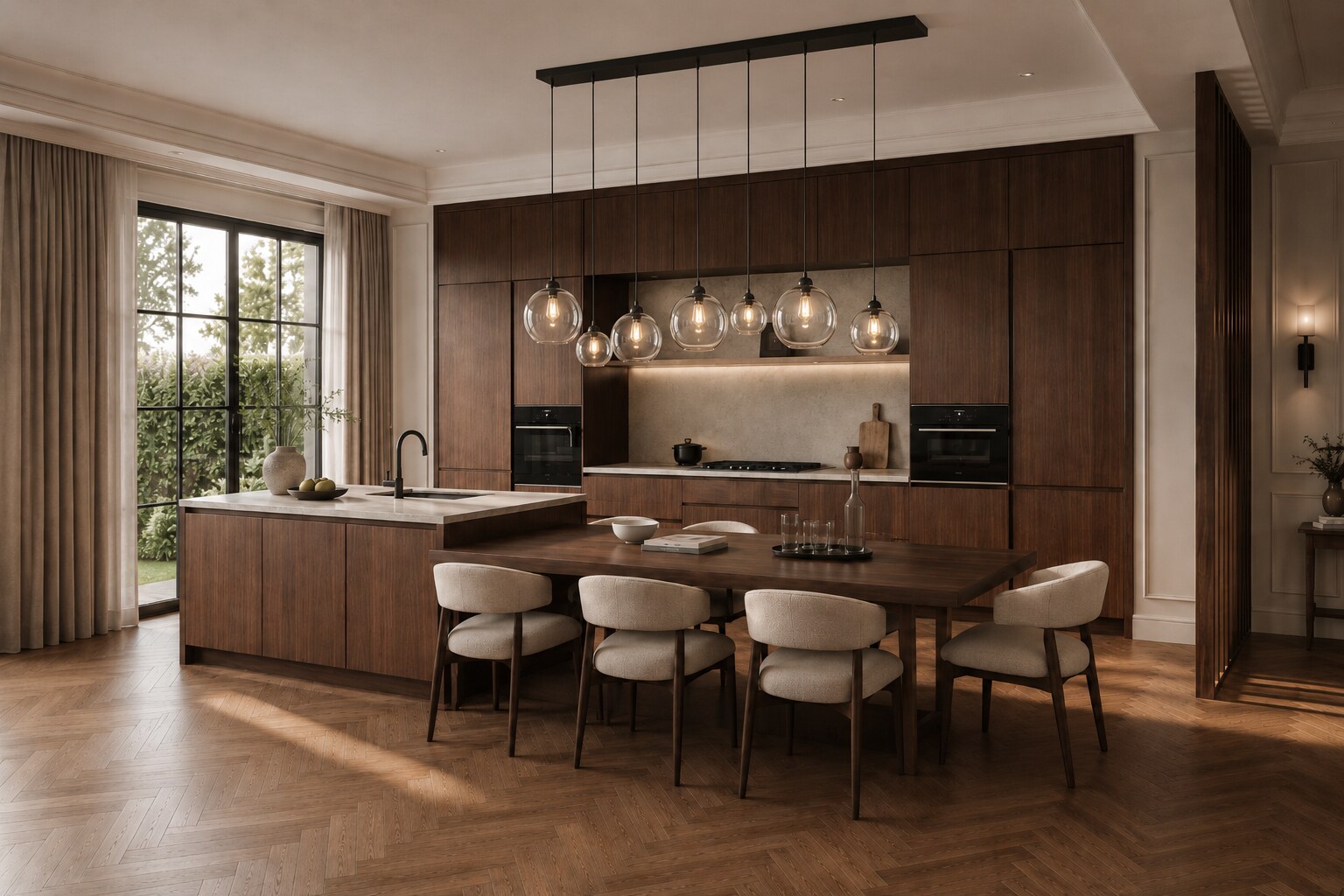 Mur de cuisine en noyer avec une table à manger attenante et des chaises crème sur un parquet à chevrons