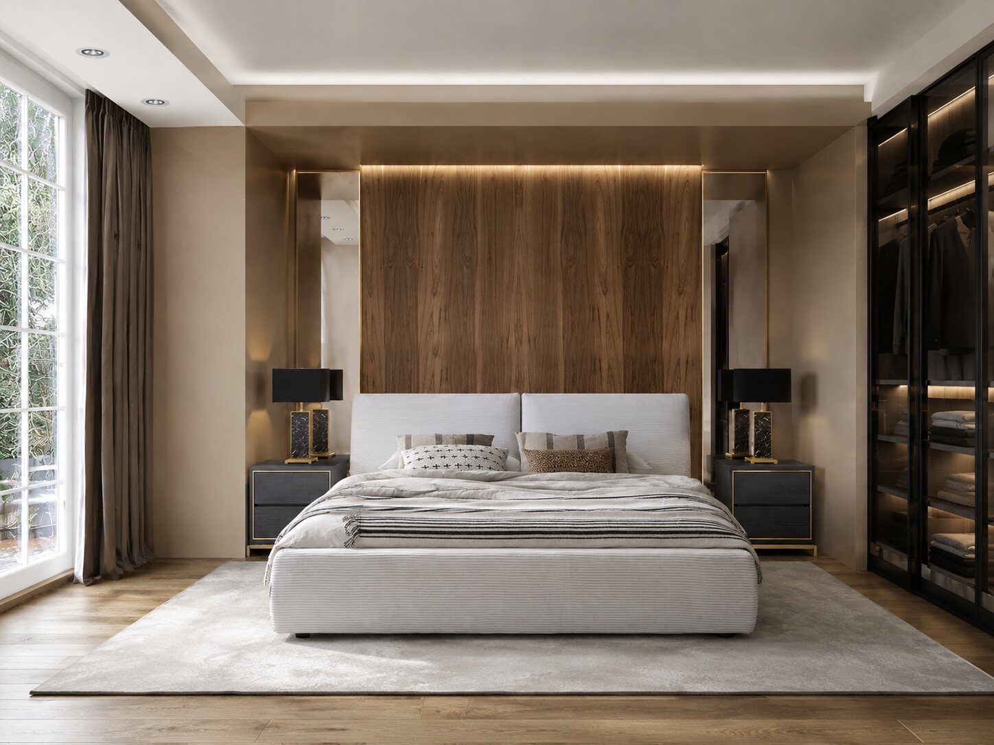 Slaapkamer met een licht ribfluwelen bed voor een notenhouten wandpaneel met lichtlijn en een dressing achter glas