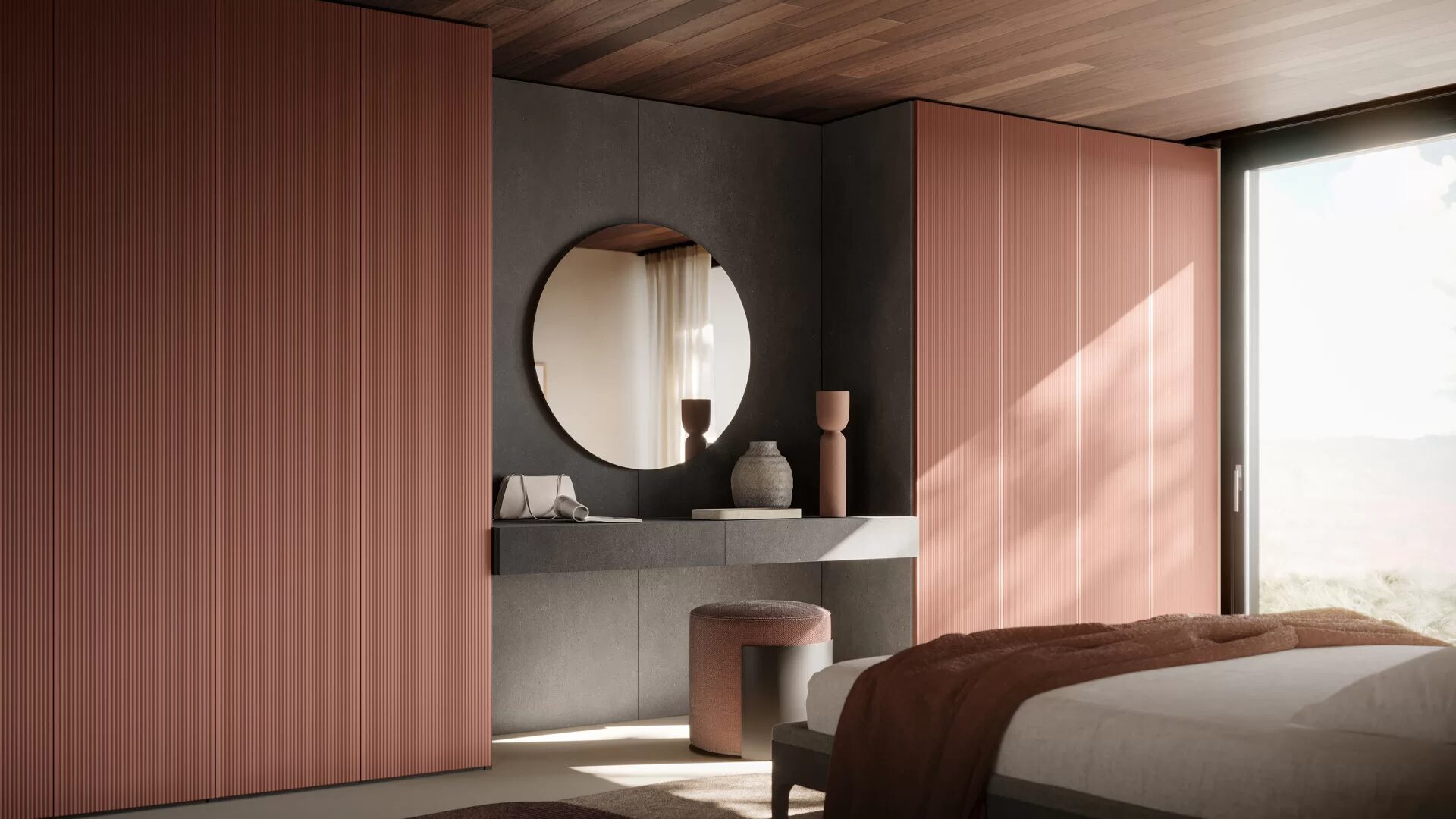 Schlafzimmer mit rotbraunen geriffelten Wandpaneelen, einem runden Spiegel und einem Bord als Schminktisch