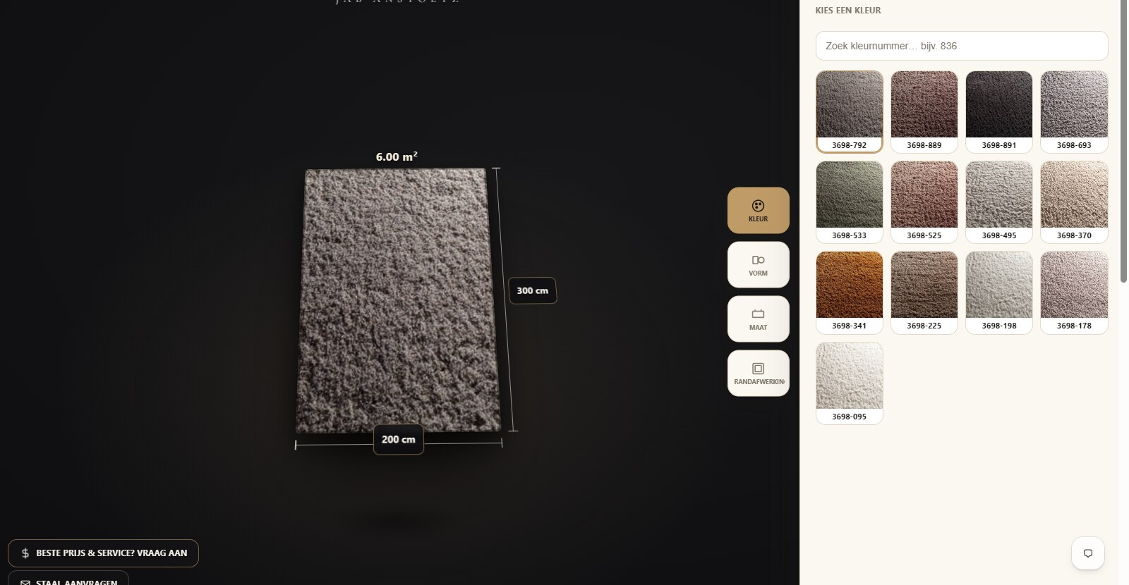 Écran du configurateur 3D avec un tapis de 200 sur 300 centimètres et des panneaux de choix pour la couleur, la forme, la dimension et la finition de rive