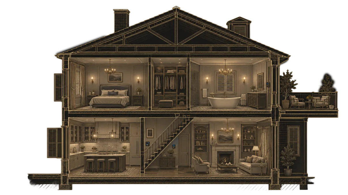 Doorsnede van een woning over twee bouwlagen. Boven een slaapkamer met luchter en gordijnen, een dressing met kledingroede, en een badkamer met vrijstaand bad en houten shutters, met daarnaast een dakterras met loungezetels. Beneden een keuken met eiland en hanglampen, een trap met wandpaneel, en een living met haard, boekenkasten en tapijt.