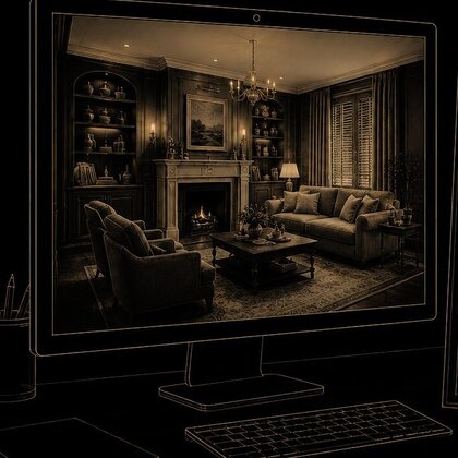 Lijntekening van een beeldscherm op een bureau, met daarop een fotorealistisch 3D-beeld van een salon met haard, boekenkasten en tapijt.