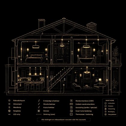 Lijntekening van een woning in doorsnede met de lichtpunten, schakelaars, stopcontacten en dimkringen ingetekend, met een legende eronder.