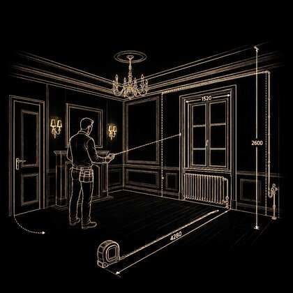 Lijntekening van een kamer waarin iemand met een laserafstandsmeter meet, met de maten van de wand, het raam en de hoogte ingetekend.