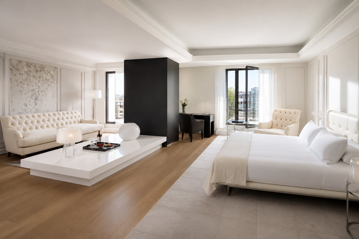 Een hotelsuite waarin de zithoek en het bed in één ruimte staan, gescheiden door een donker volume, met een chesterfield in gebroken wit en een lage witte tafel.