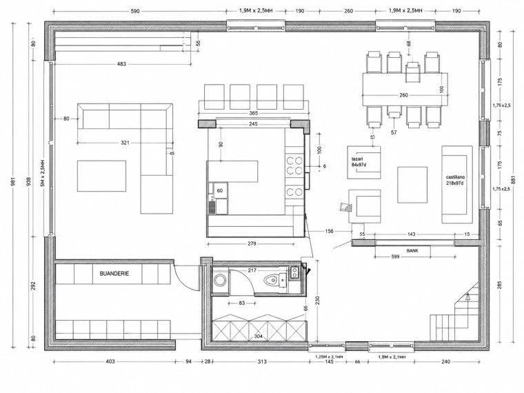 Voorbeeld van een grondplan van een gelijkvloers, met de keuken, de eetplaats en het salon op schaal ingetekend, met maatlijnen langs alle gevels.