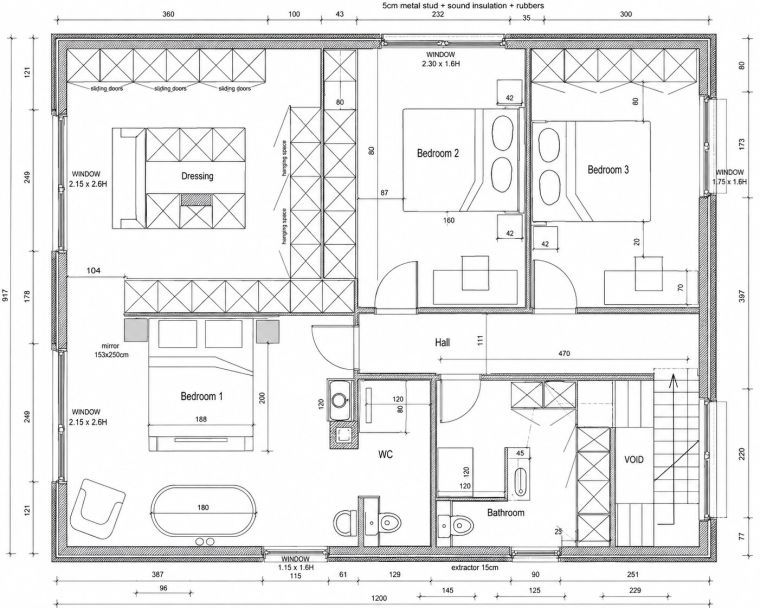 Voorbeeld van een grondplan van een verdieping, met drie slaapkamers, een dressing met schuifdeuren en een badkamer, met de kastdiepten ingetekend.