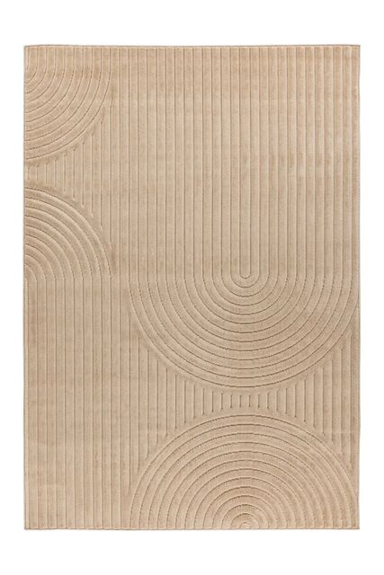 Een geweven tapijt in beige met een fijne structuur, bedoeld voor gebruik buiten.