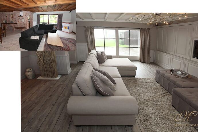 Twee beelden naast elkaar: links het oude salon met gedateerd plafond, rechts dezelfde ruimte na de werken.