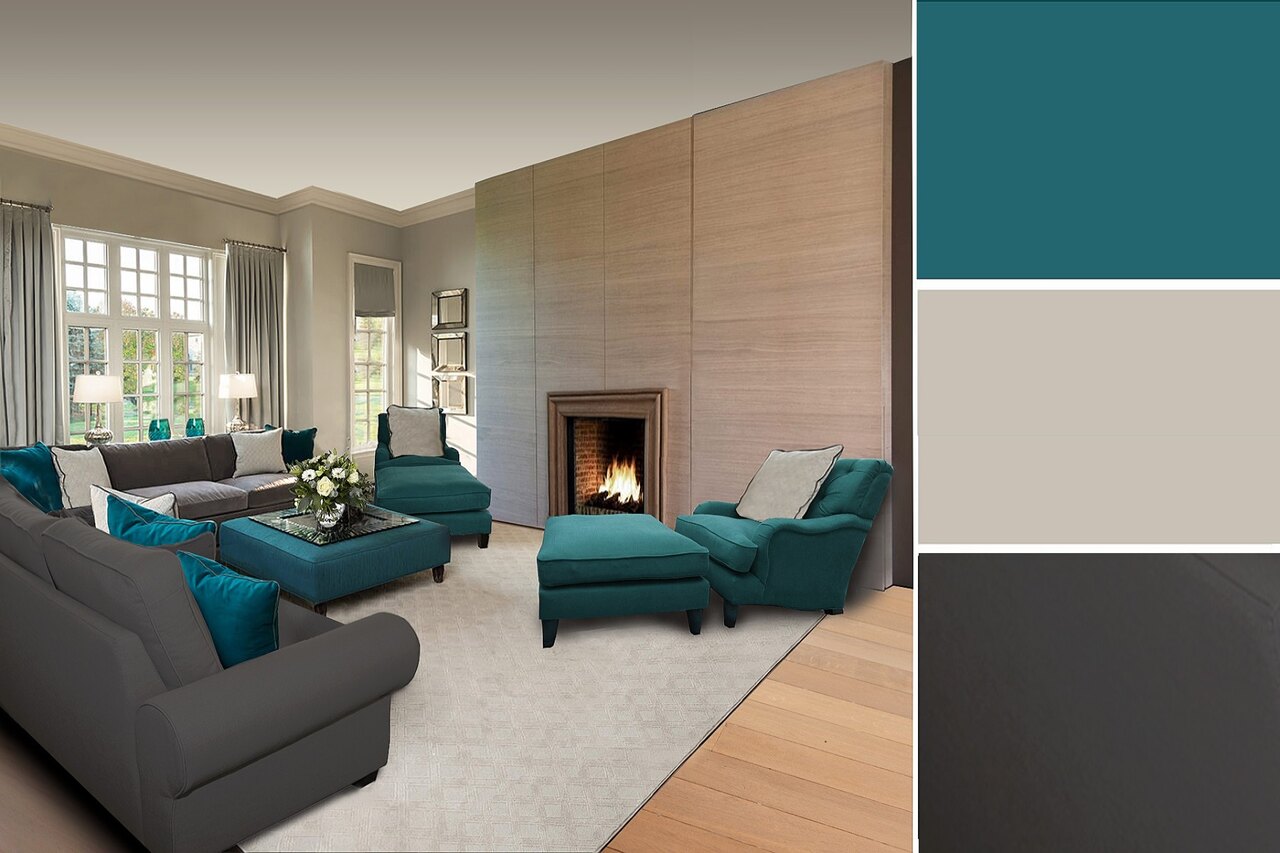 Een woonkamer met een grijze zetel en twee petrolblauwe fauteuils, met daarnaast de drie kleurvlakken van het gekozen palet.