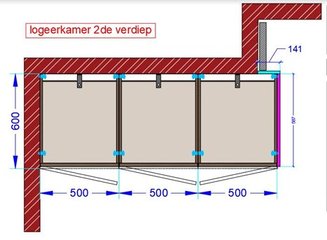 A floor plan of the same wardrobe, with three 500 millimetre bays against the wall.