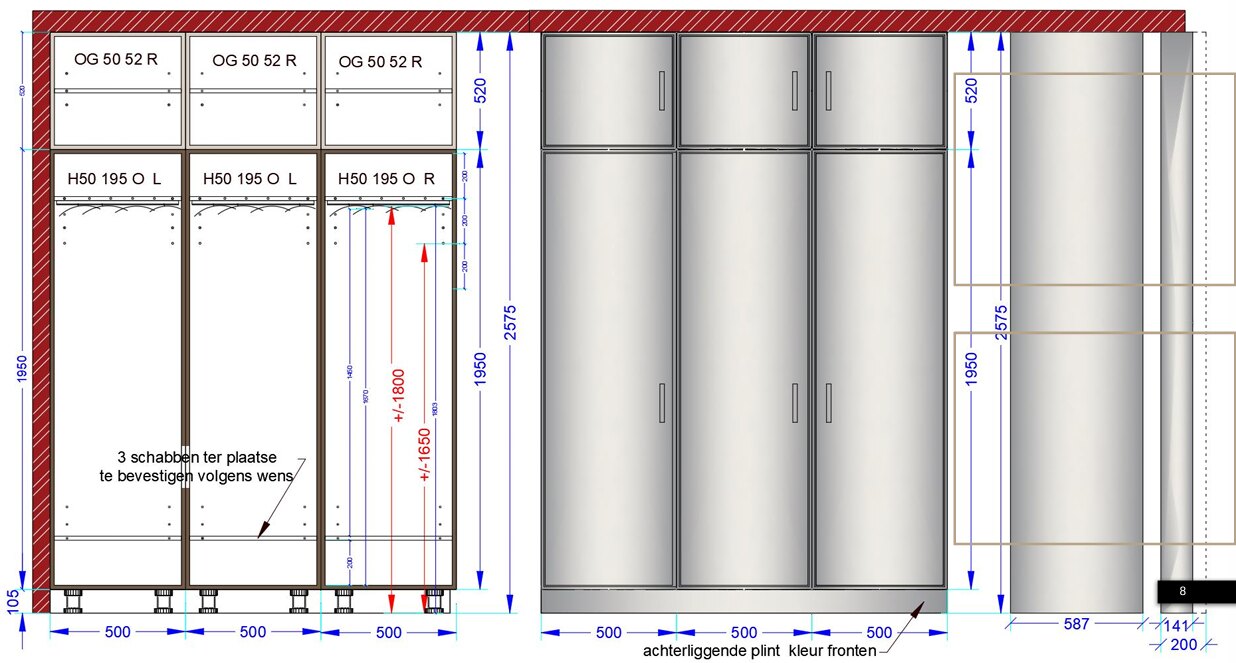 A working drawing of a three-door wardrobe, with the dimensions and the layout marked up.
