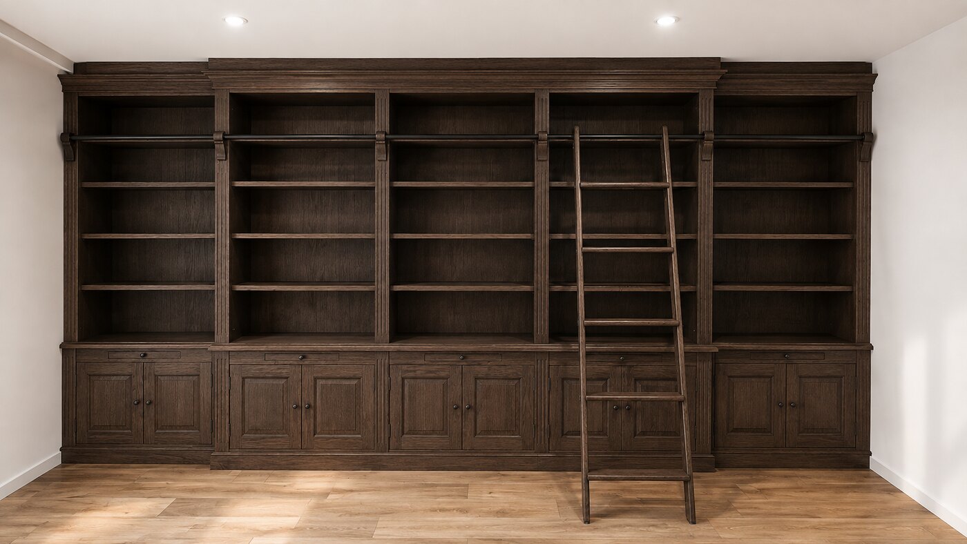 The same library cabinet, finished in dark brown stained oak.