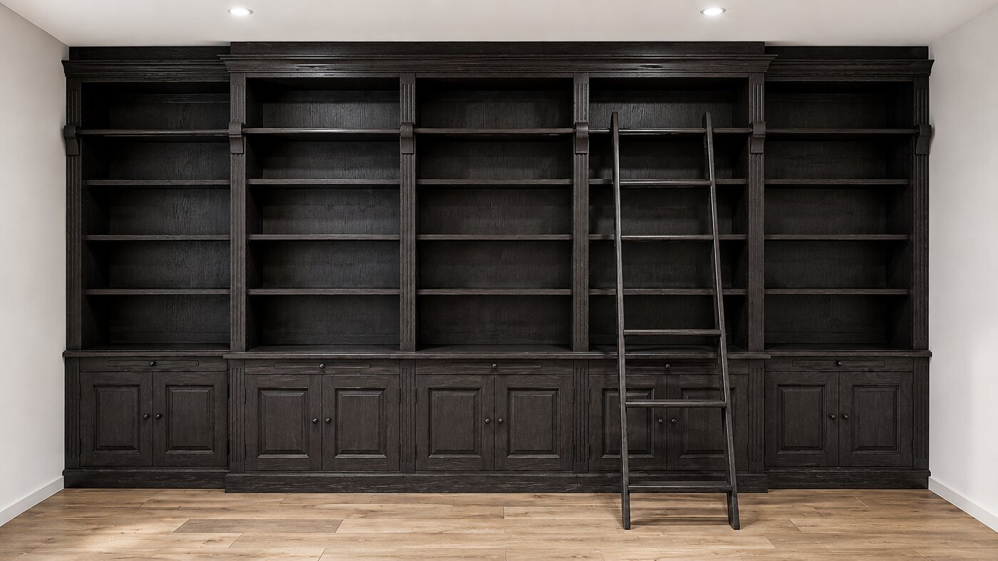 The same library cabinet, finished in dark grey with white brushing.