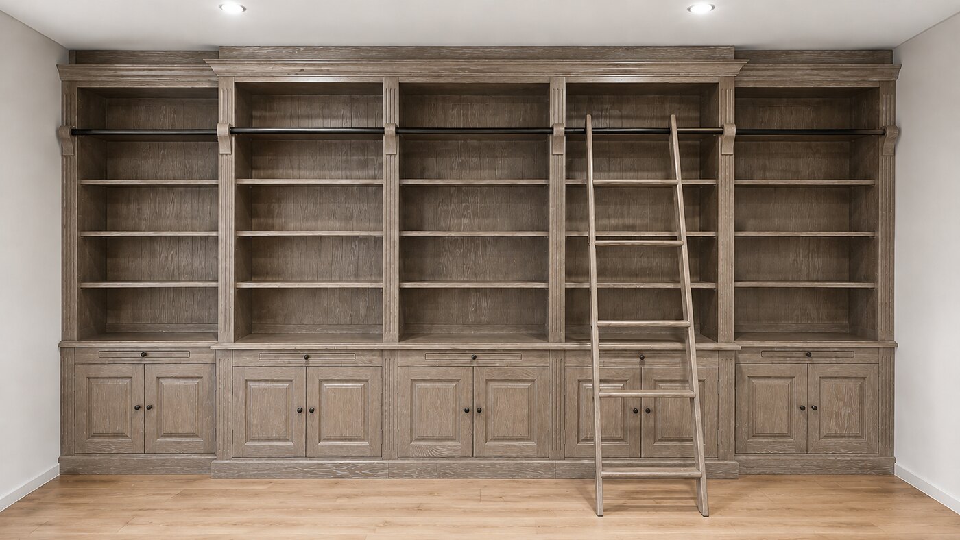 The same library cabinet, finished in light brown with white brushing.