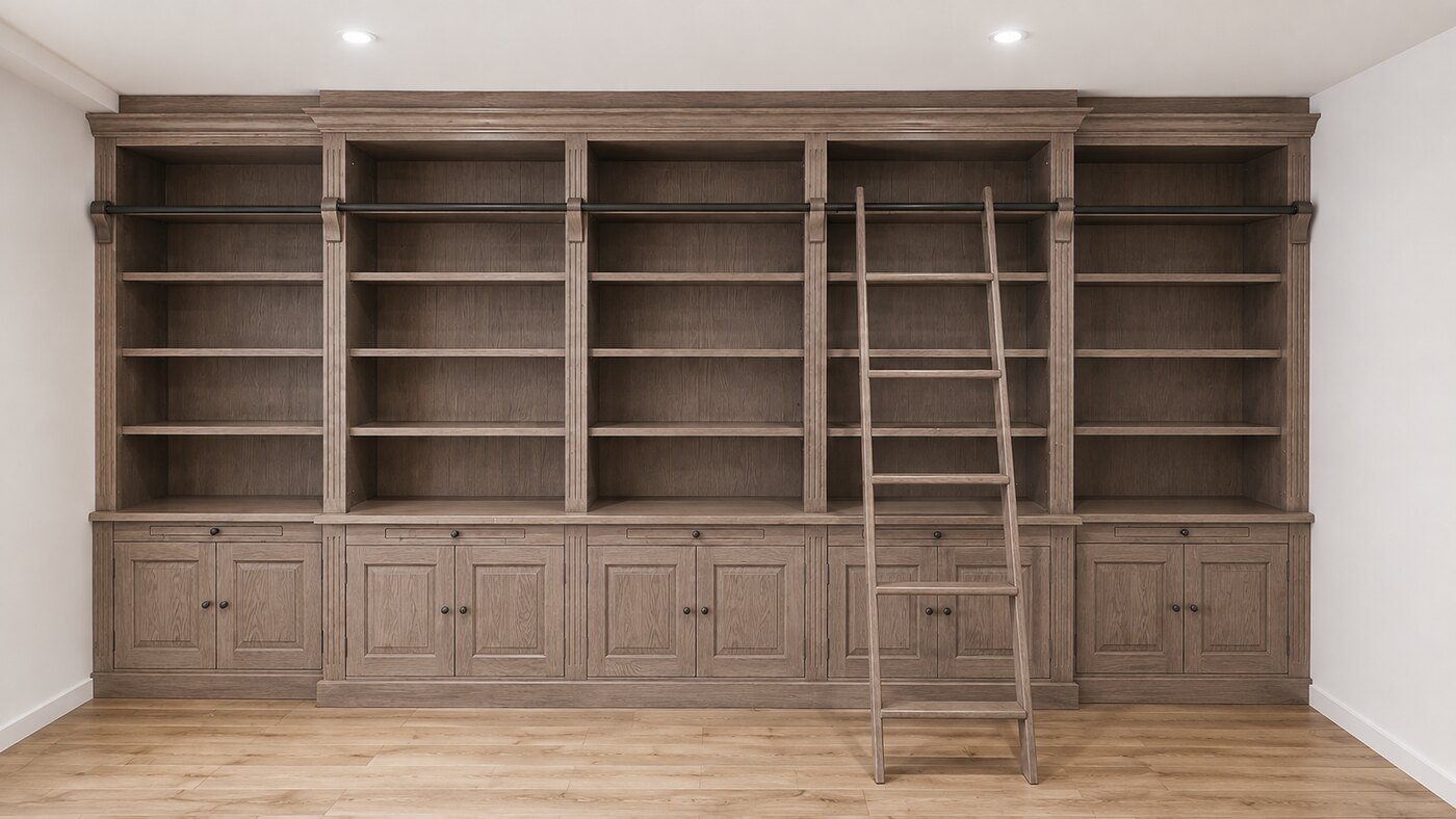 The same library cabinet, finished in a light brown grey stain.