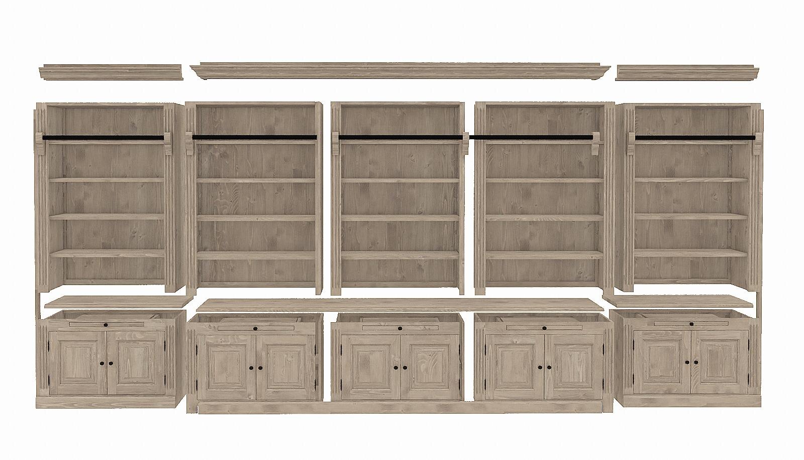 A 3D image with the cabinet taken apart, component by component.