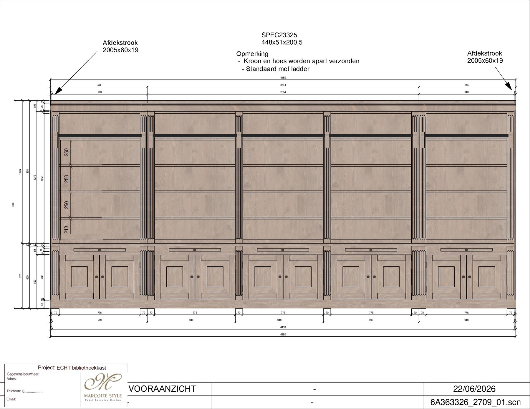The elevation of the library cabinet with every dimension in millimetres.