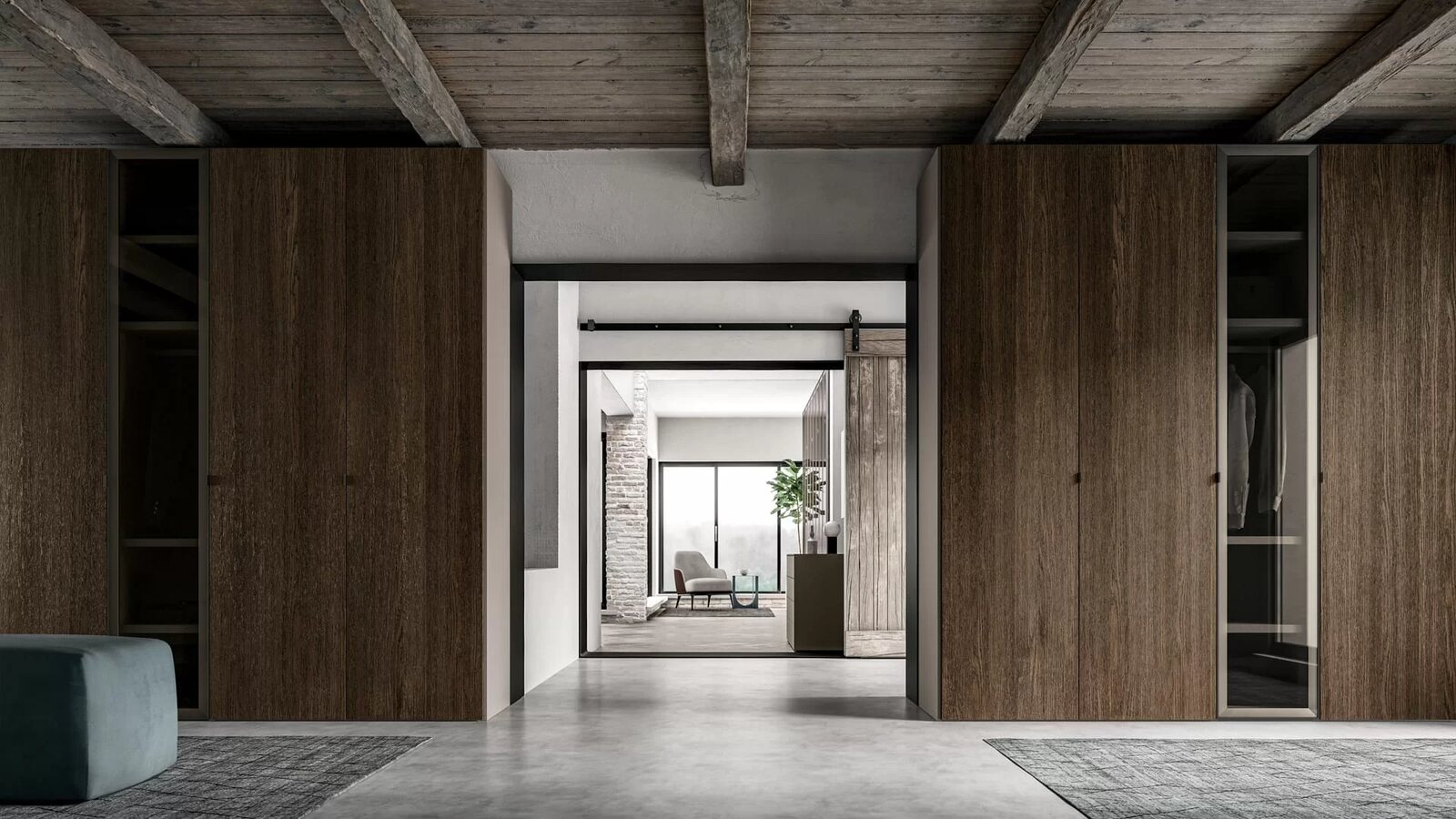 A dark timber cabinet wall that forms a doorway through to the next room.